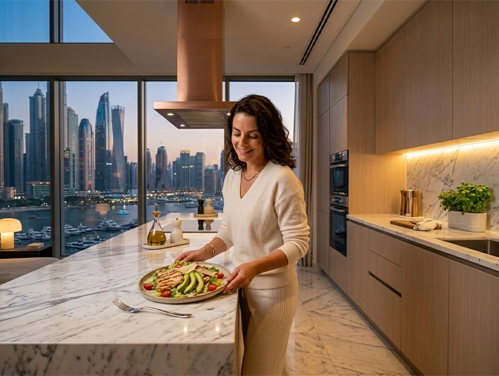Woman preparing a balanced meal at home with maintenance tools stored nearby