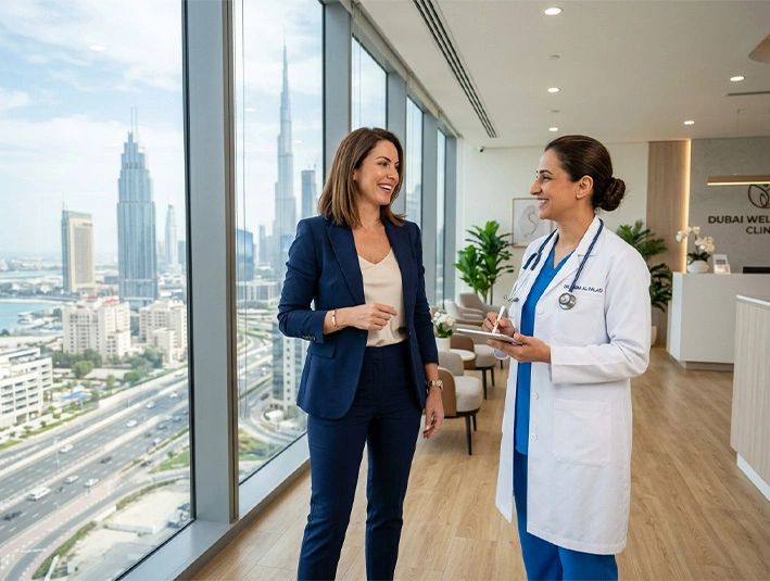 Patient and clinician reviewing written follow-up instructions together after starting treatment