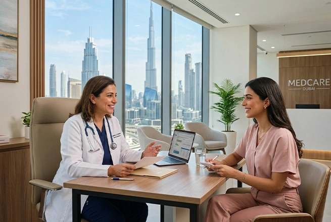 Woman and healthcare professional reviewing a practical plan for meals, walking, sleep and follow-up