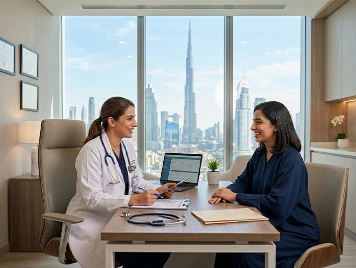 Clinician and patient reviewing weight history, measurements and a balanced meal together at a first assessment
