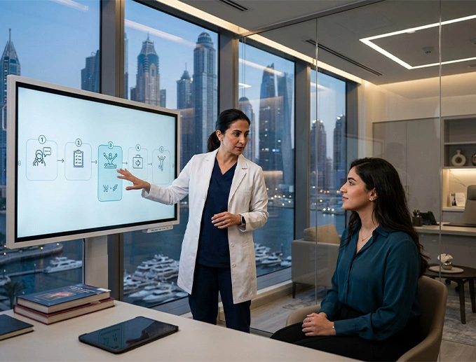 A clinician and a patient reviewing measurements and a care plan together