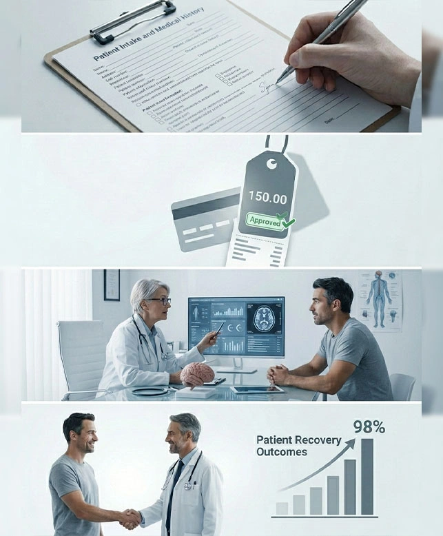 A patient arriving at a calm clinic with a clinician nearby, ready for an individual discussion